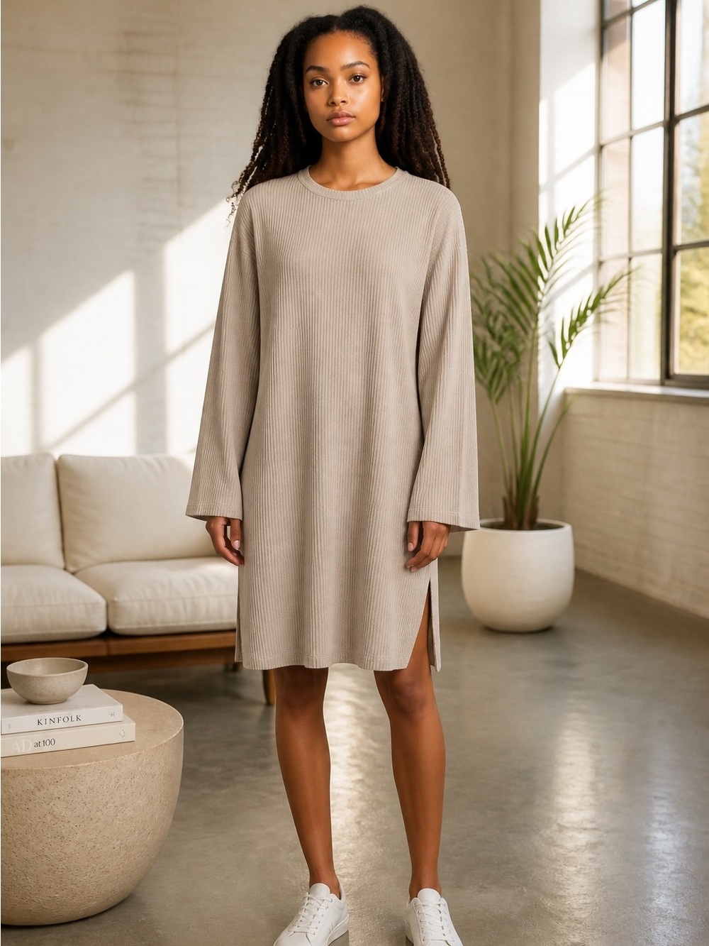 Halara Women XS Ribbed Long Sleeve Midi Dress Side Slits Beige NWT